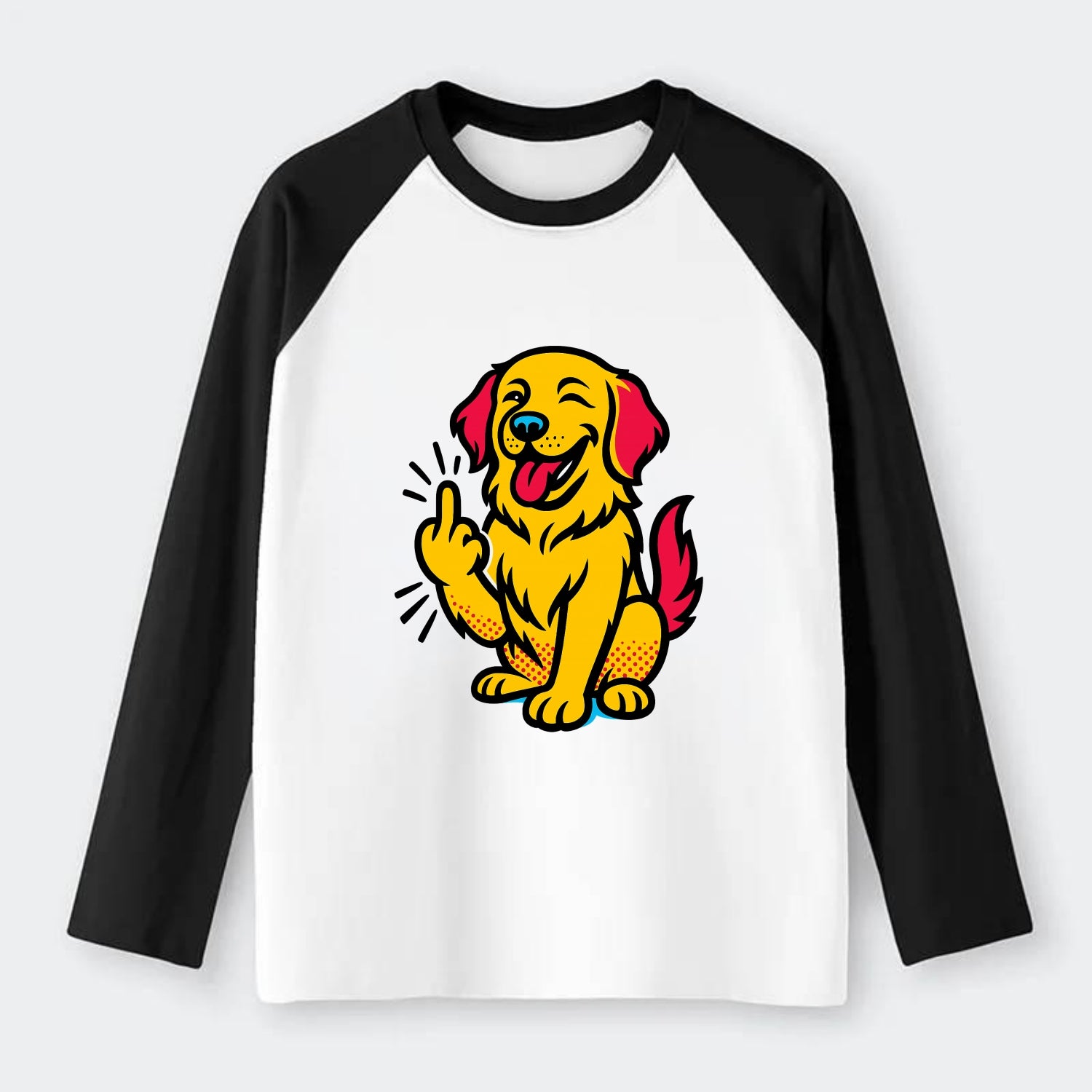 Golden Retriever with happy smile and golden coat, fluffy paw raised - Raglan Long Sleeve T-Shirt - Black