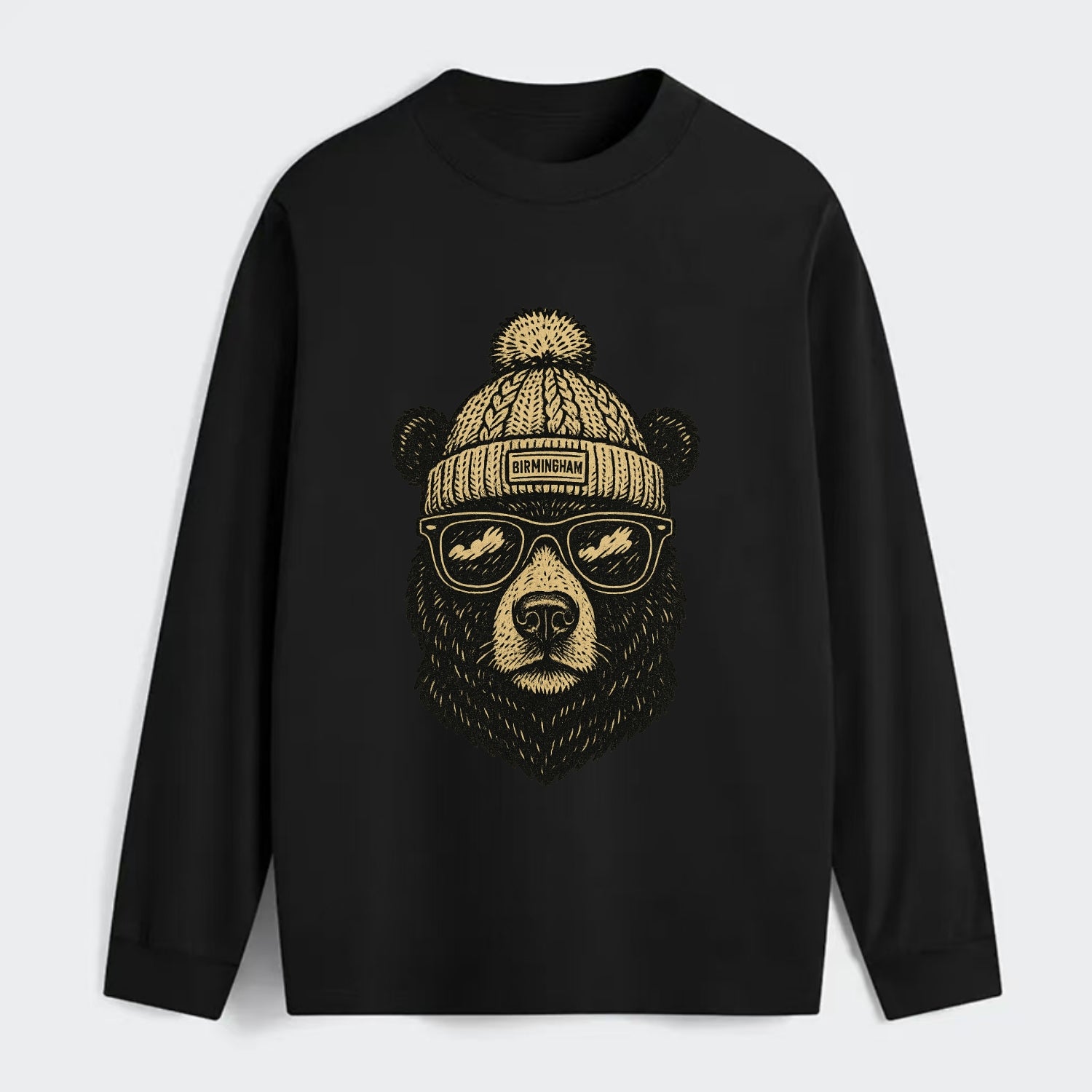 Alabama Black Bear wearing Birmingham beanie with pom pom and wayfarer - Classic Long Sleeve Shirt - Black
