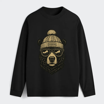 Alabama Black Bear wearing Birmingham beanie with pom pom and wayfarer - Classic Long Sleeve Shirt - Black