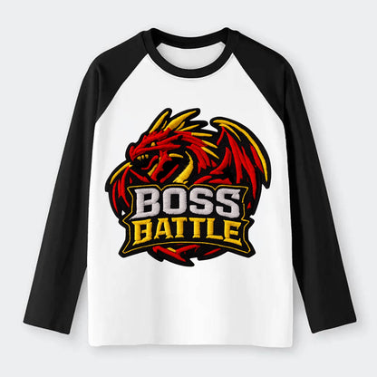 BOSS BATTLE - dragon silhouette in red and gold , raid - Raglan Long Sleeve T-Shirt - Black