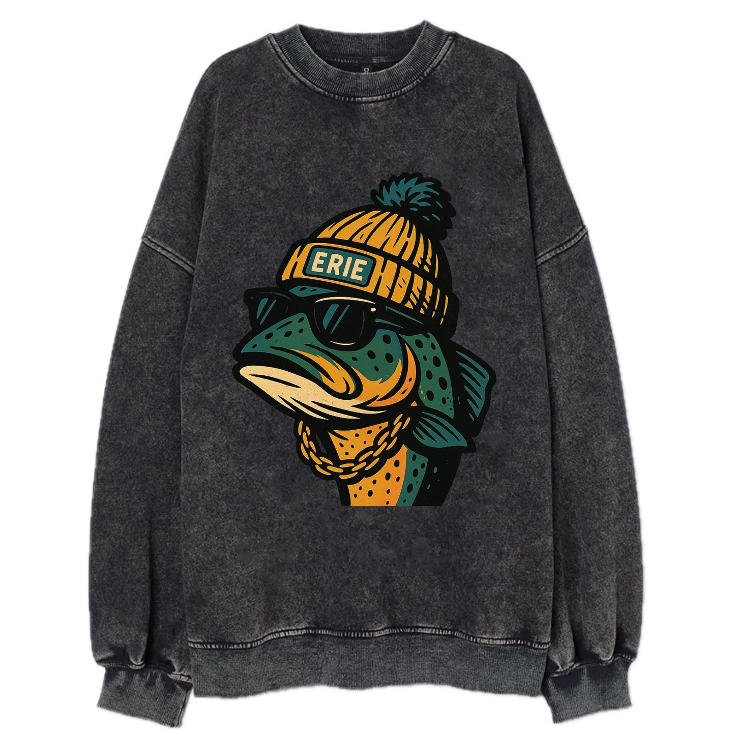 Erie Lake Trout wearing Erie beanie with pom pom and wayfarer sunglasses - Vintage Sweatshirt - Black