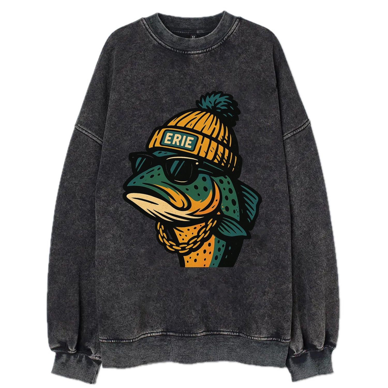 Erie Lake Trout wearing Erie beanie with pom pom and wayfarer sunglasses - Vintage Sweatshirt - Black