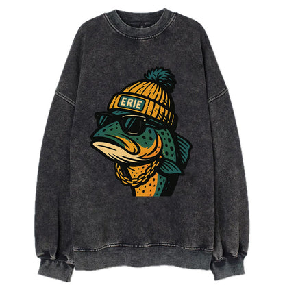 Erie Lake Trout wearing Erie beanie with pom pom and wayfarer sunglasses - Vintage Sweatshirt - Black
