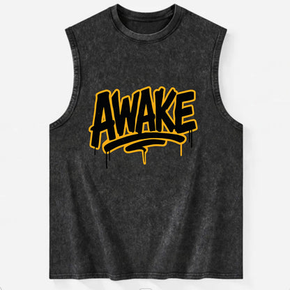Bold typography design - "AWAKE" - conscious, aware, alert - Vintage Washed Tank - Black