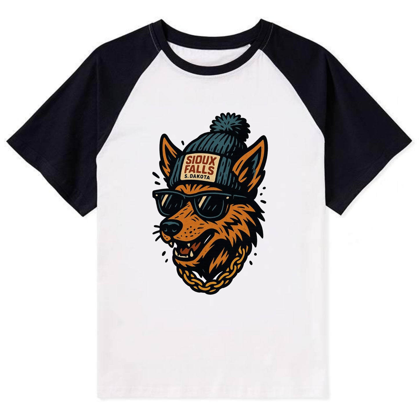 South Dakota Coyote wearing Sioux Falls beanie with pom pom and wayfarer - Contrast Raglan T-shirt - Black