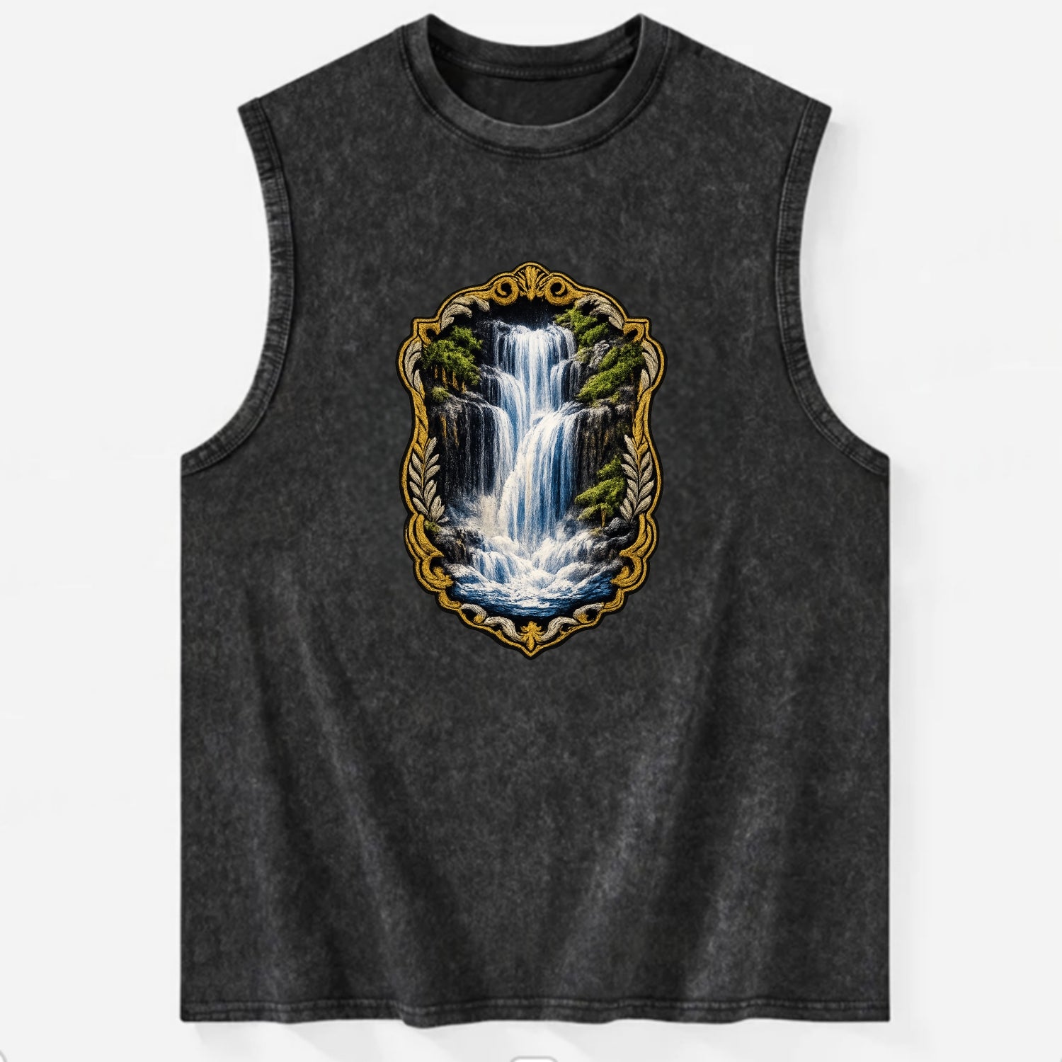 WATERFALL CASCADE - falling water with mist in blue and white , nature wonder - Vintage Washed Tank - Black