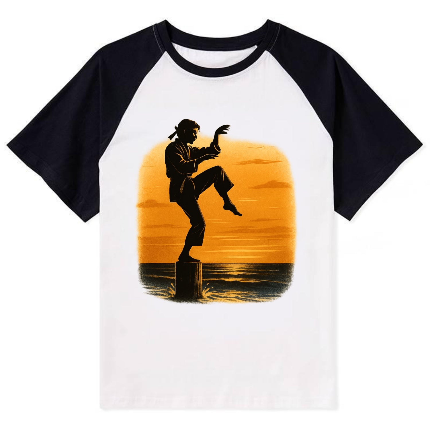 karate crane kick pose on wooden post at beach sunset - Contrast Raglan T-shirt - Black