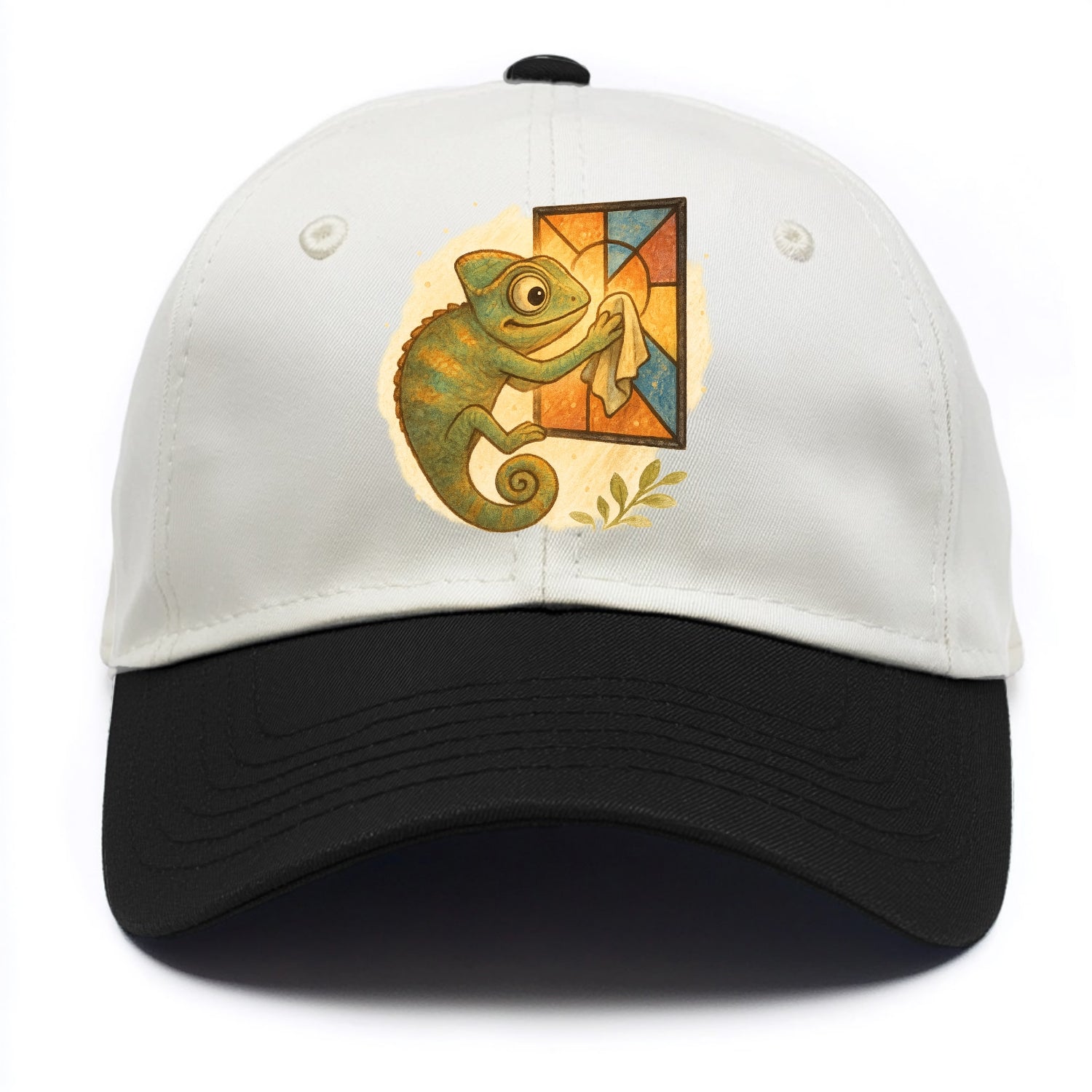 Chameleon blending into a stained-glass window it is polishing with delicate cloths - Two Tone Cap - Black