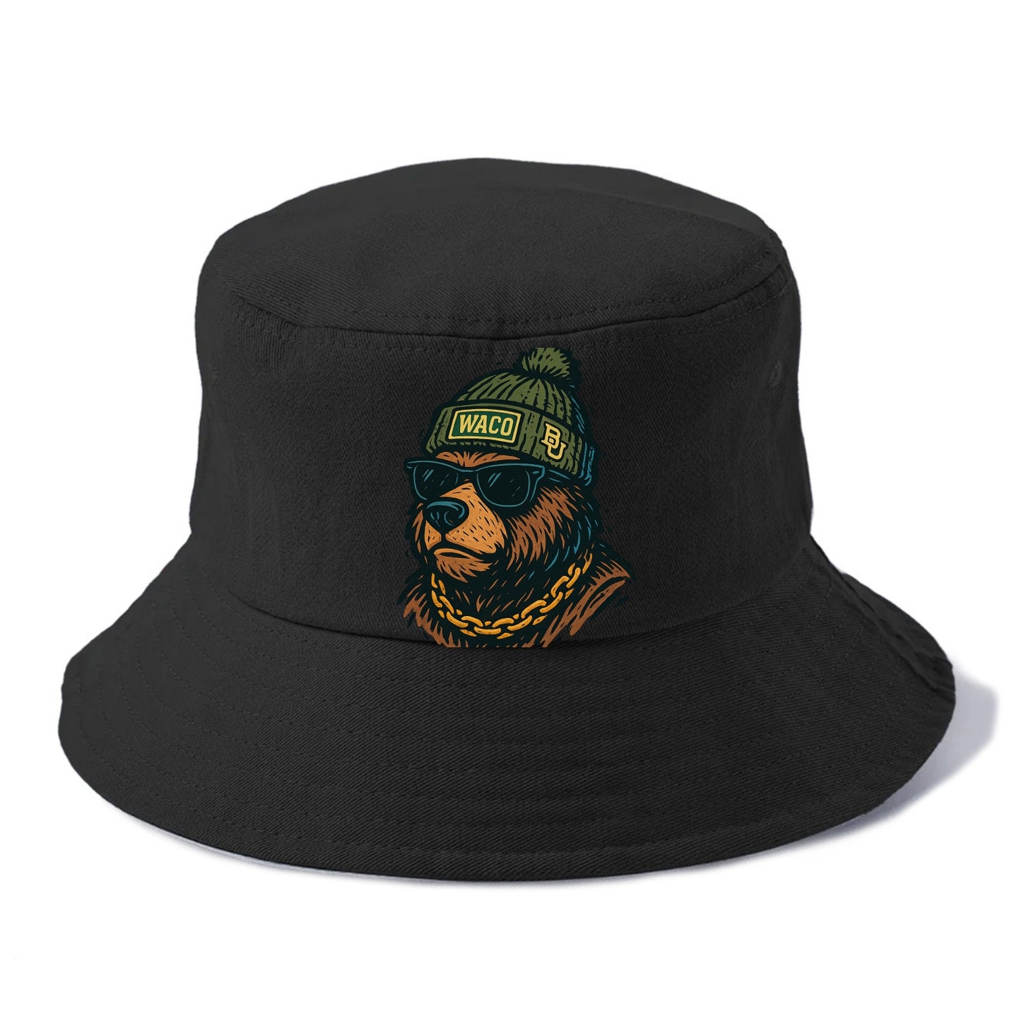 Waco Bear wearing Baylor beanie with BU patch - Bucket Hat - Black