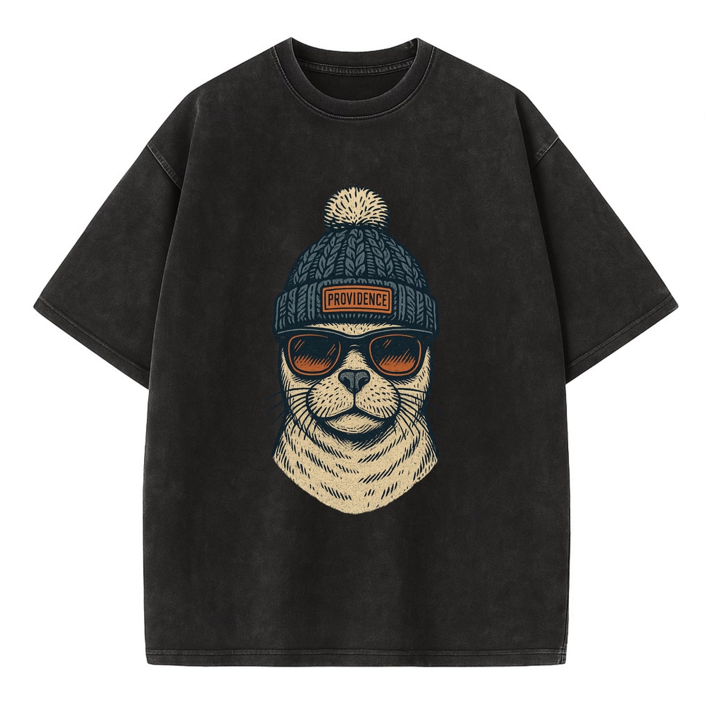 Rhode Island Harbor Seal wearing Providence beanie with pom pom and wayfarer - Vintage T-shirt - Black