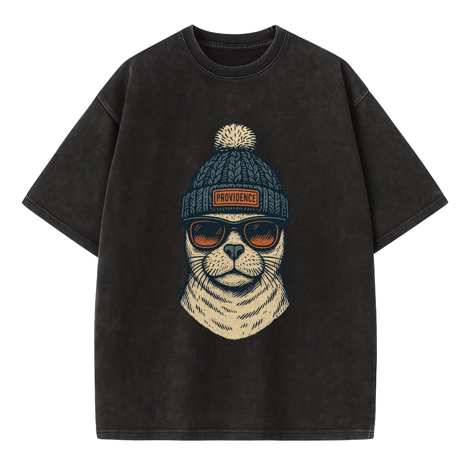 Rhode Island Harbor Seal wearing Providence beanie with pom pom and wayfarer - Vintage T-shirt - Black