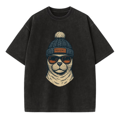Rhode Island Harbor Seal wearing Providence beanie with pom pom and wayfarer - Vintage T-shirt - Black