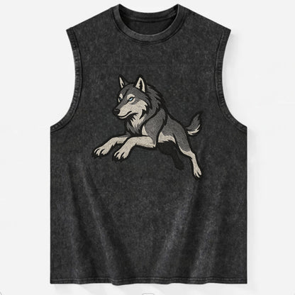 Wolf Leaping Action  - Vintage Washed Tank - Black