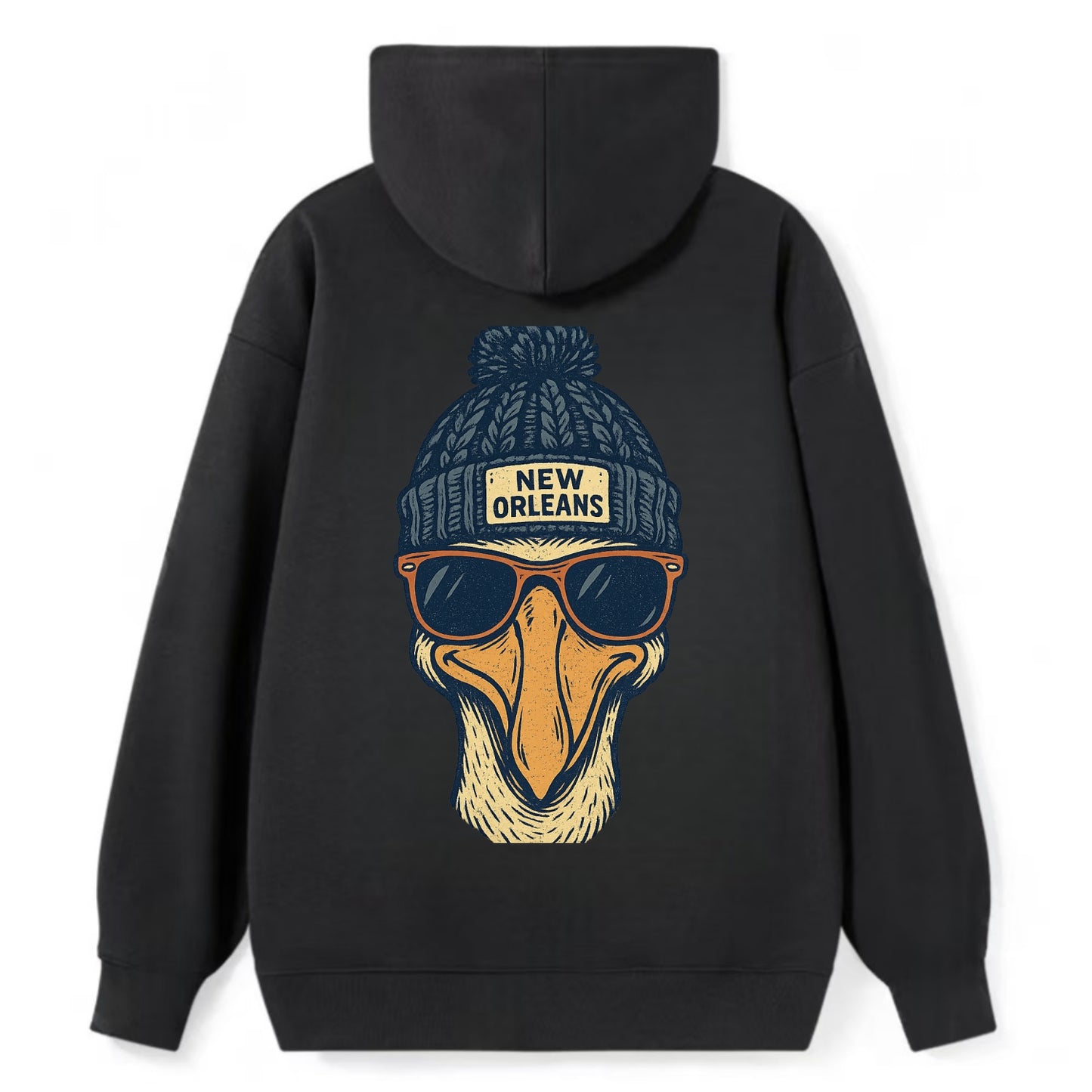 New Orleans Pelican wearing New Orleans beanie with pom pom and wayfarer - Classic Pullover Hoodie - Black