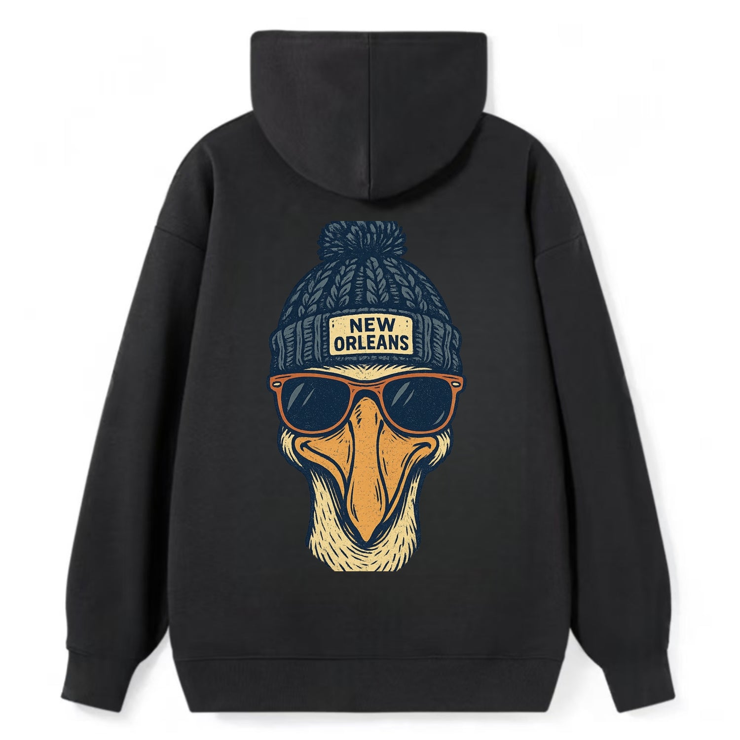 New Orleans Pelican wearing New Orleans beanie with pom pom and wayfarer - Classic Pullover Hoodie - Black