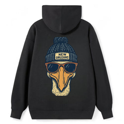 New Orleans Pelican wearing New Orleans beanie with pom pom and wayfarer - Classic Pullover Hoodie - Black