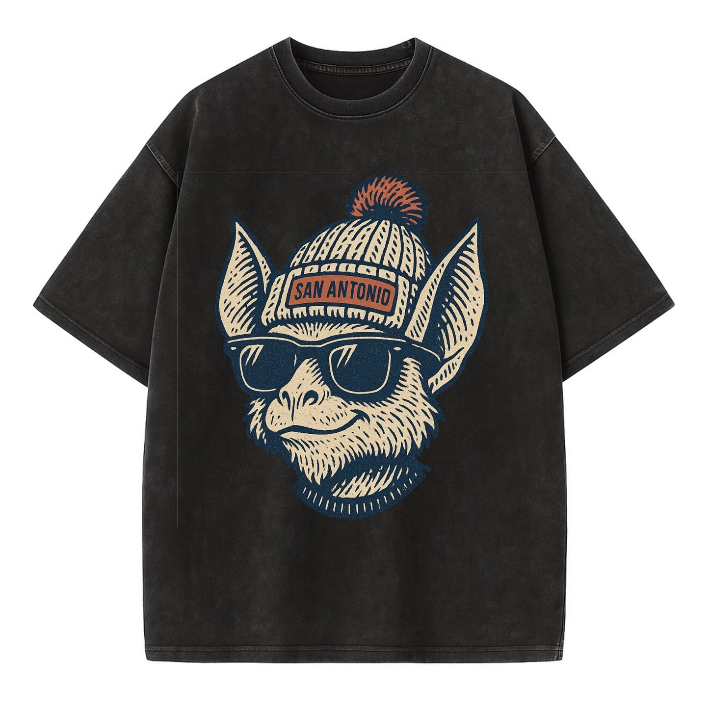 San Antonio Bat wearing San Antonio beanie with pom pom and wayfarer sunglasses - Vintage T-shirt - Black