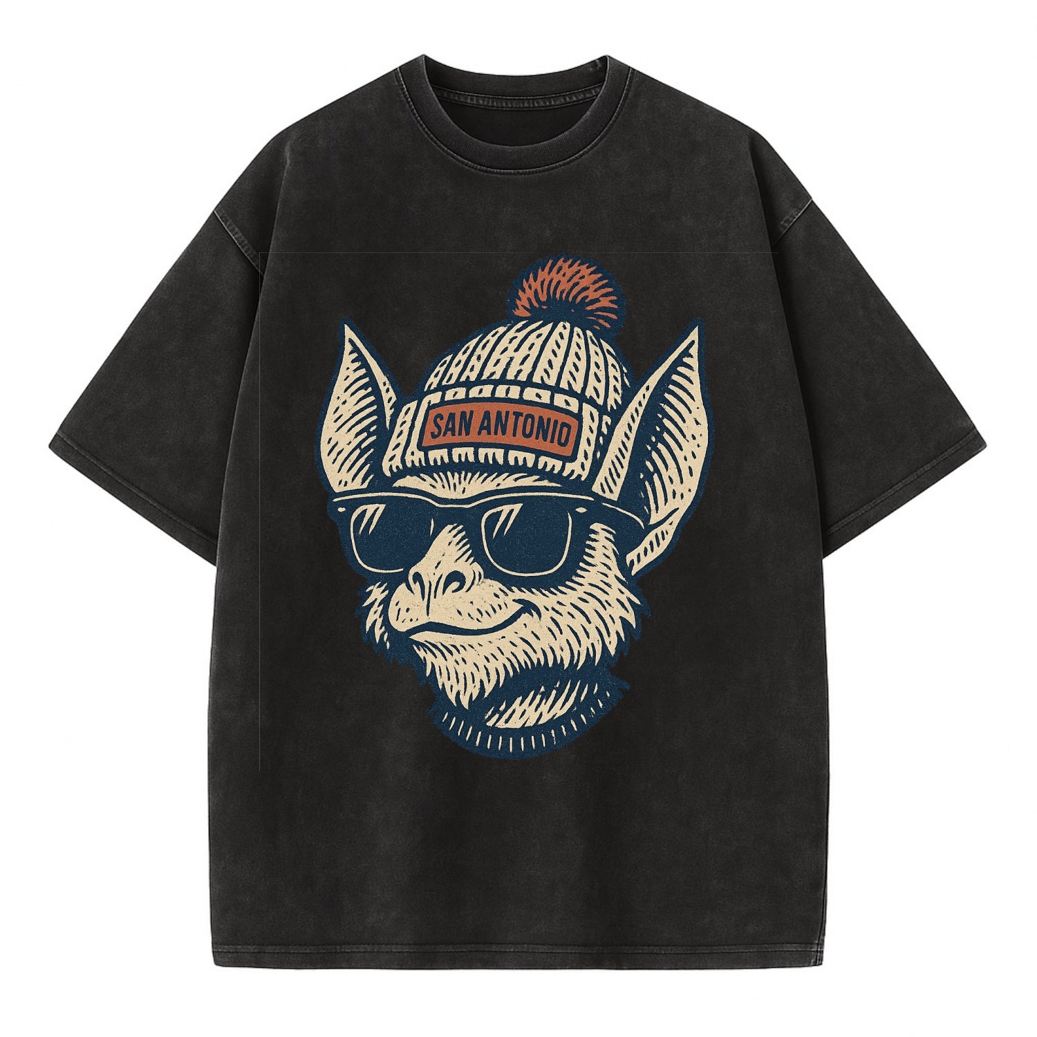 San Antonio Bat wearing San Antonio beanie with pom pom and wayfarer sunglasses - Vintage T-shirt - Black