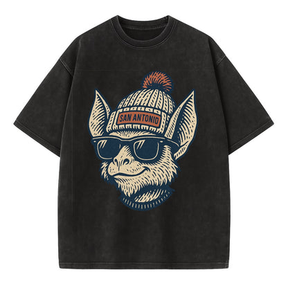 San Antonio Bat wearing San Antonio beanie with pom pom and wayfarer sunglasses - Vintage T-shirt - Black
