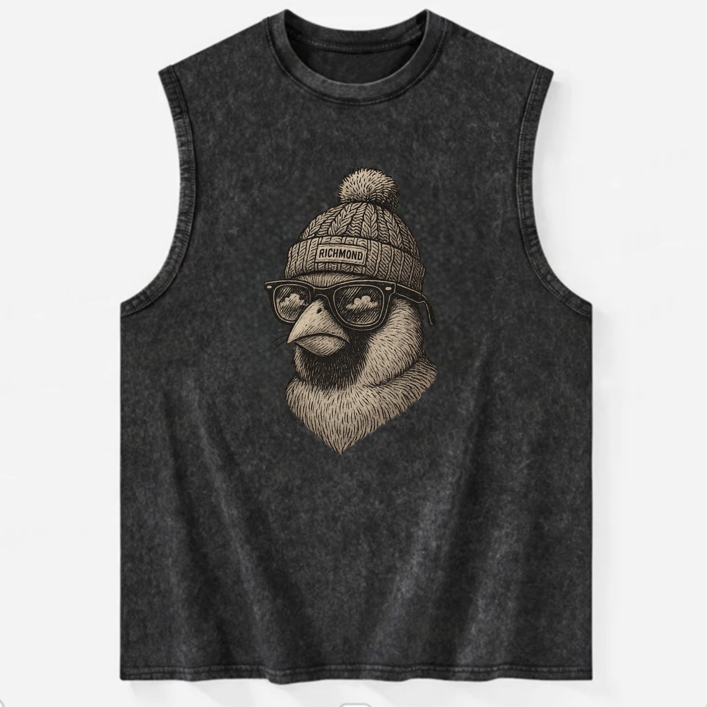 Virginia Cardinal wearing Richmond beanie with pom pom and wayfarer sunglasses - Vintage Washed Tank - Black