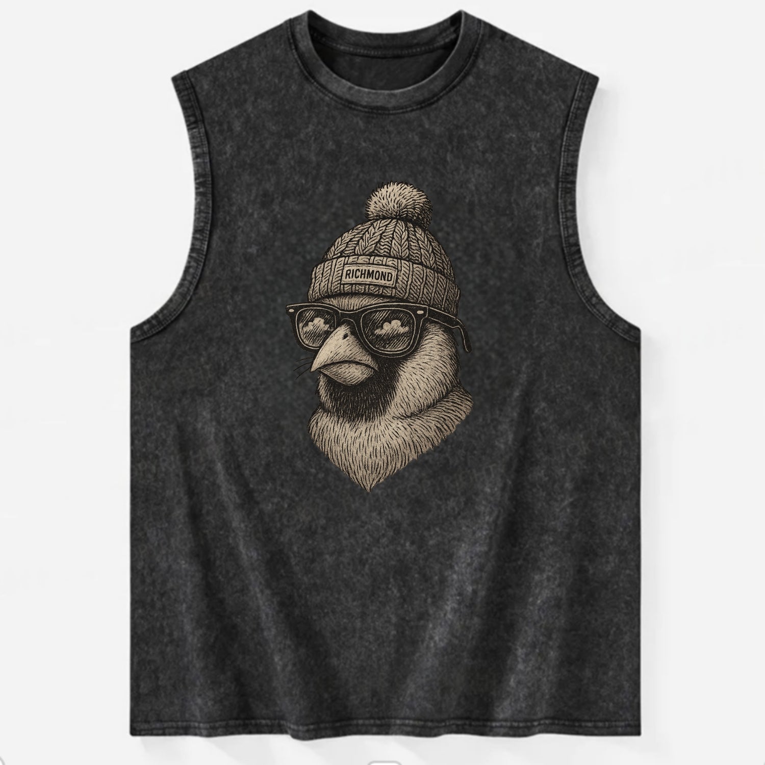 Virginia Cardinal wearing Richmond beanie with pom pom and wayfarer sunglasses - Vintage Washed Tank - Black