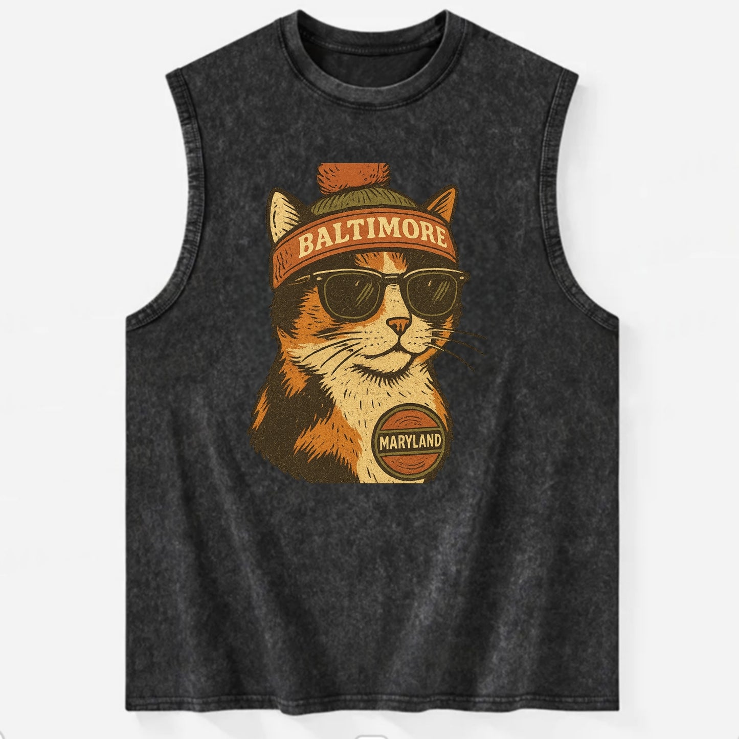 Maryland Calico Cat wearing Baltimore beanie with pom pom and wayfarer - Vintage Washed Tank - Black