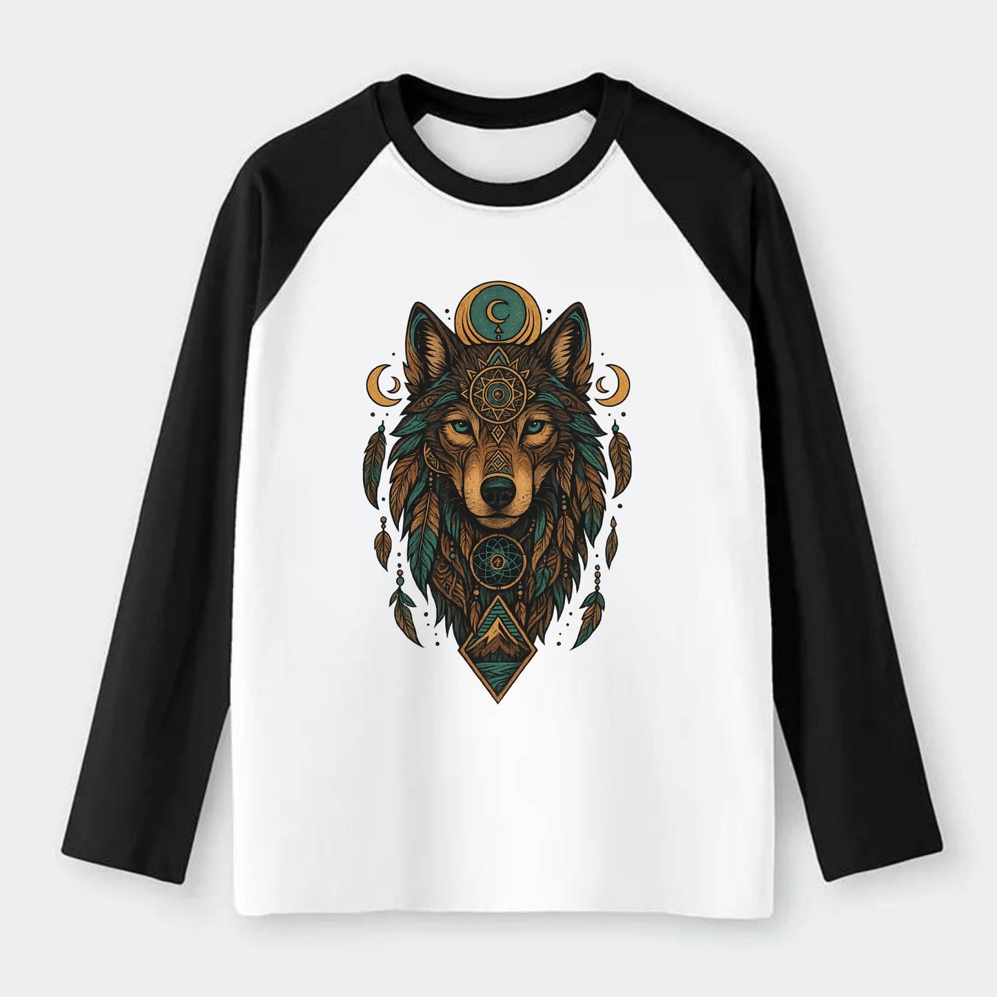 Retro 80s Wolf  - Raglan Long Sleeve T-Shirt - Black