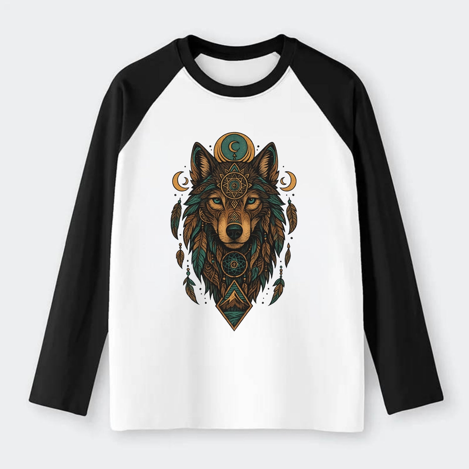 Retro 80s Wolf  - Raglan Long Sleeve T-Shirt - Black
