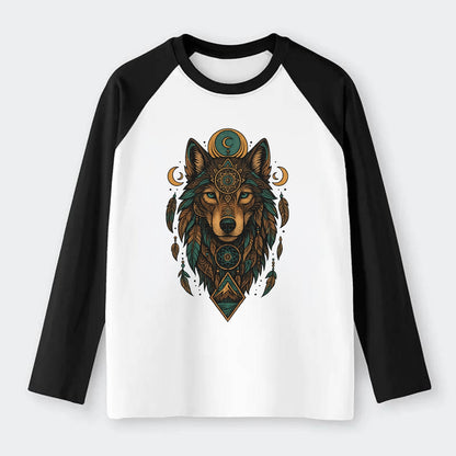 Retro 80s Wolf  - Raglan Long Sleeve T-Shirt - Black