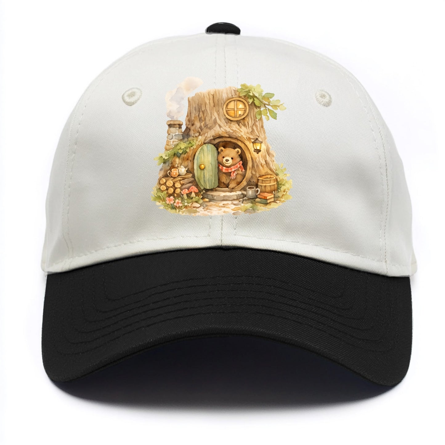 TREE HOME | Bear's home in hollow tree | Round door | Chimney smoke | Woodland - Two Tone Cap - Black