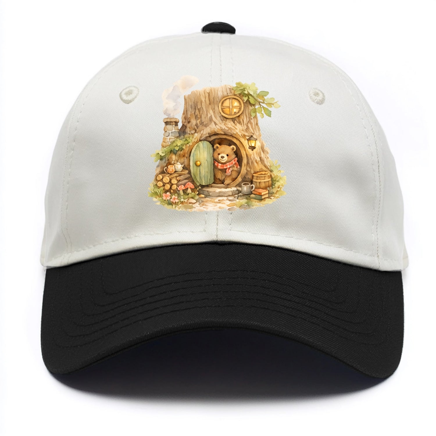 TREE HOME | Bear's home in hollow tree | Round door | Chimney smoke | Woodland - Two Tone Cap - Black