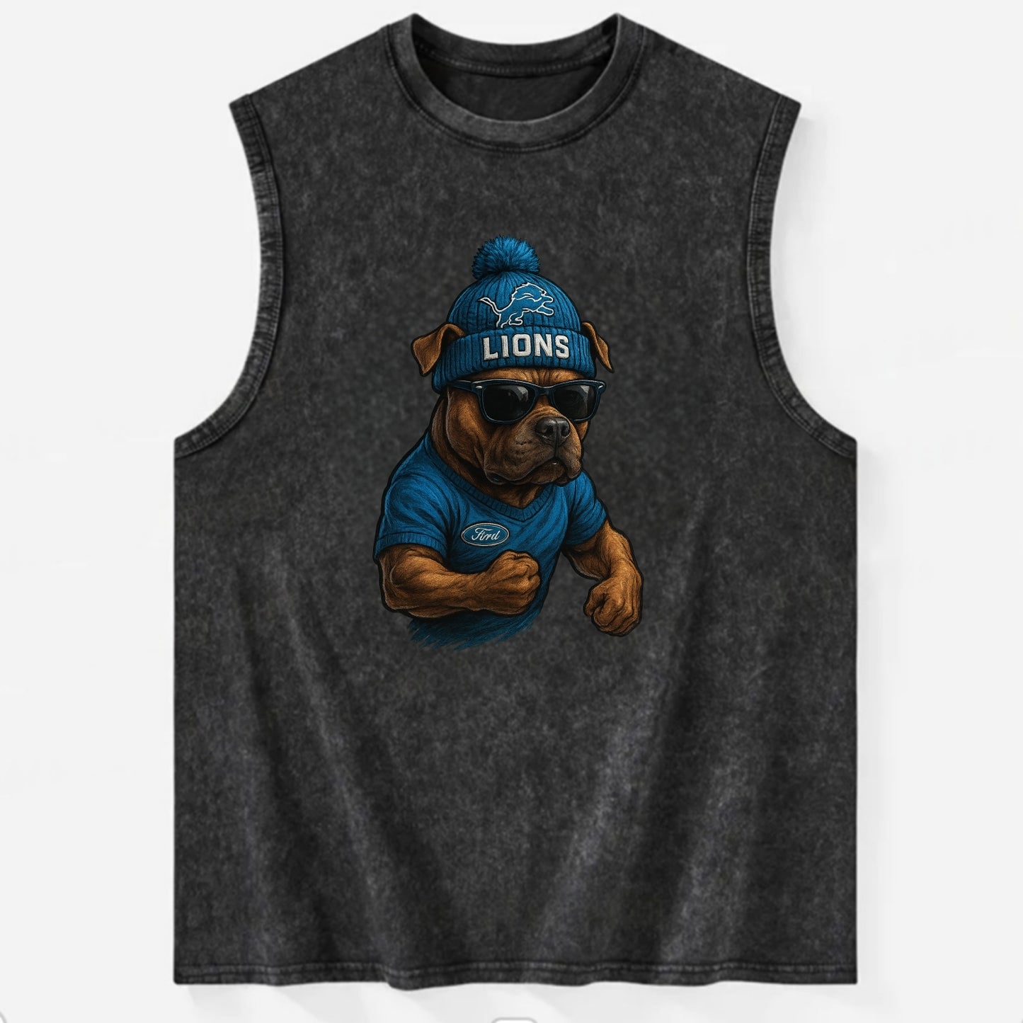 Detroit Pitbull wearing Lions beanie with auto patch and wayfarer sunglasses - Vintage Washed Tank - Black