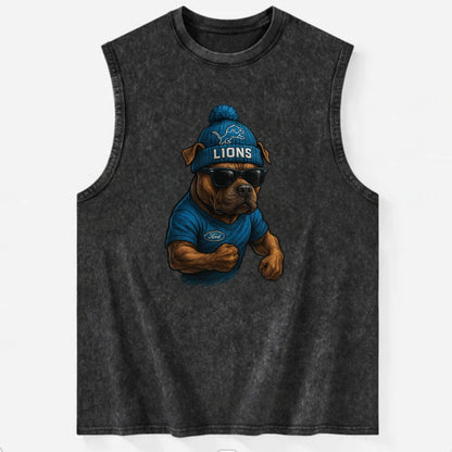 Detroit Pitbull wearing Lions beanie with auto patch and wayfarer sunglasses - Vintage Washed Tank - Black