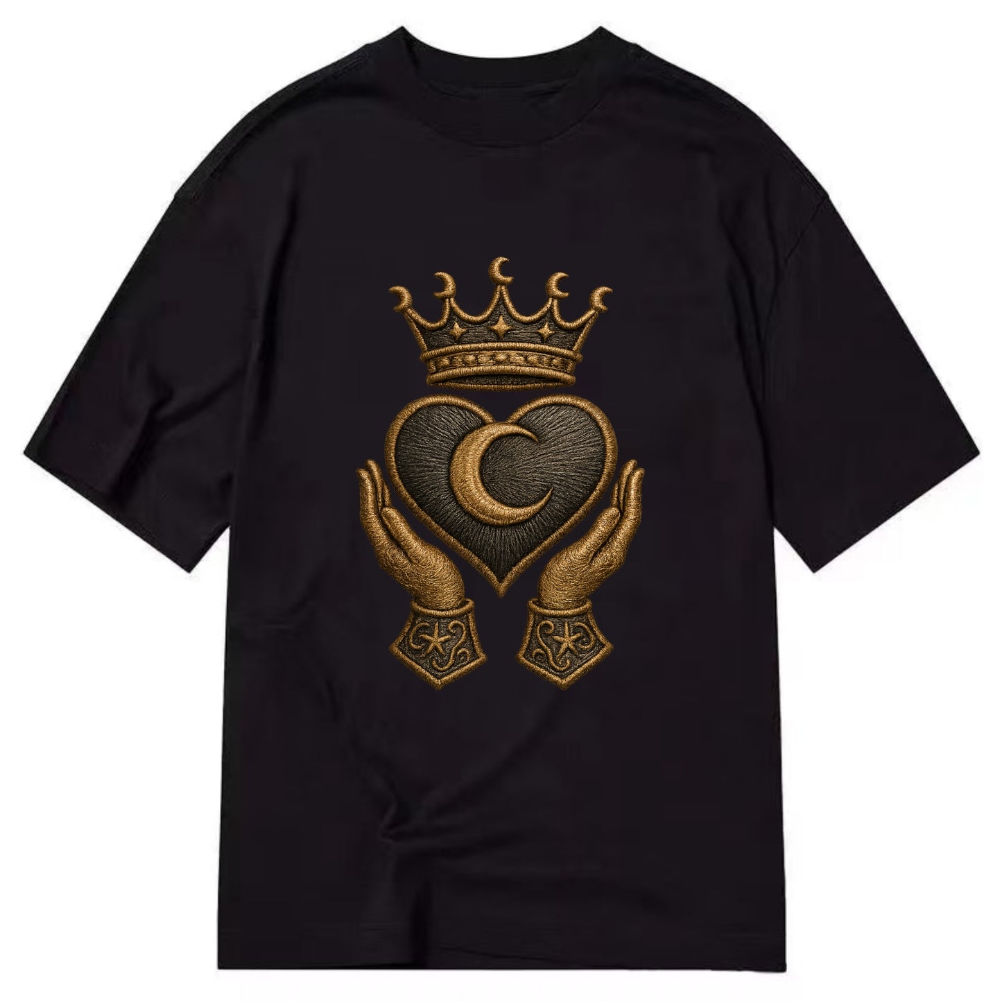 Moonlit crescent crown cradling a hematite heart with stargazer hands cupped - Classic T-shirt - Black