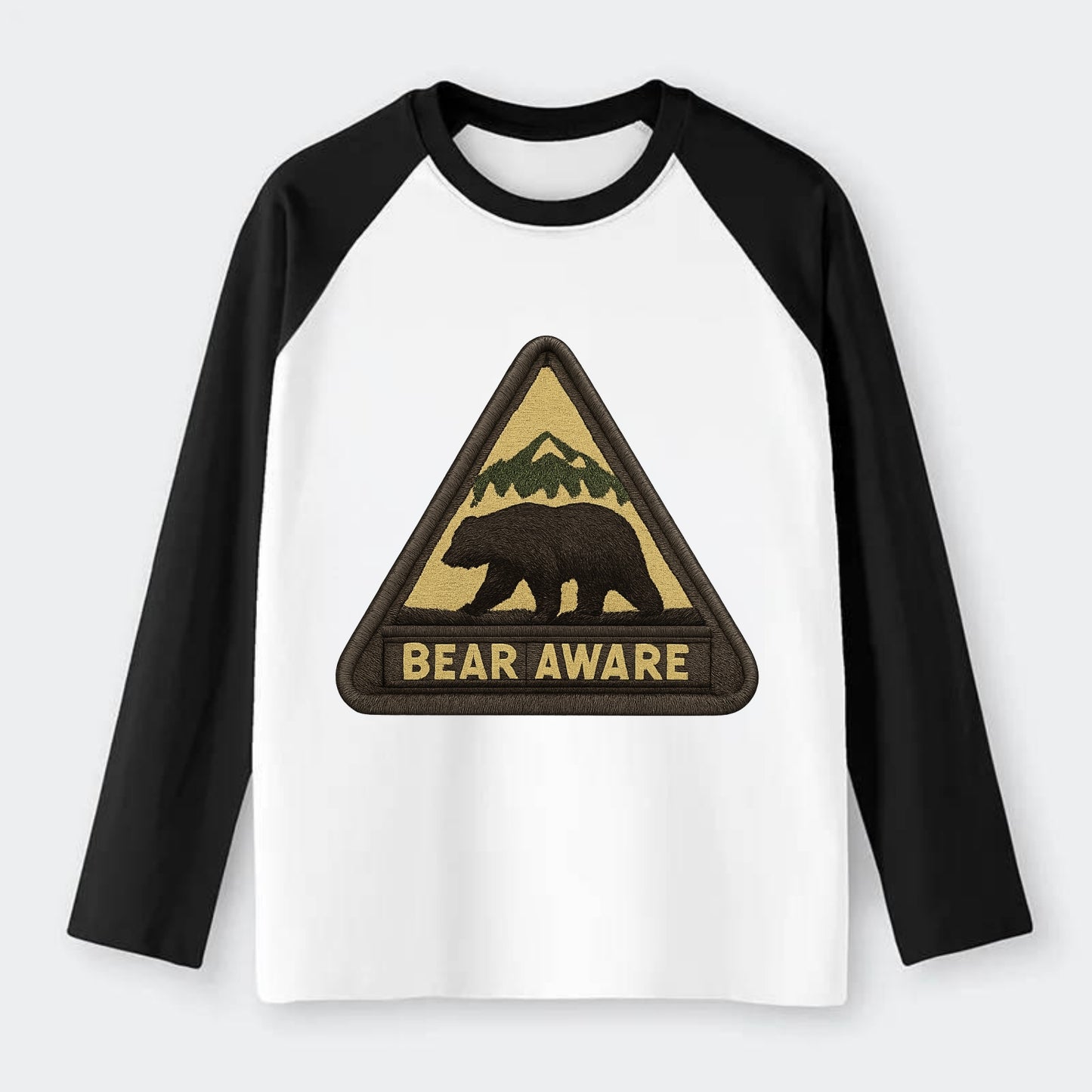 BEAR AWARE - bear silhouette warning in brown and yellow , wilderness - Raglan Long Sleeve T-Shirt - Black