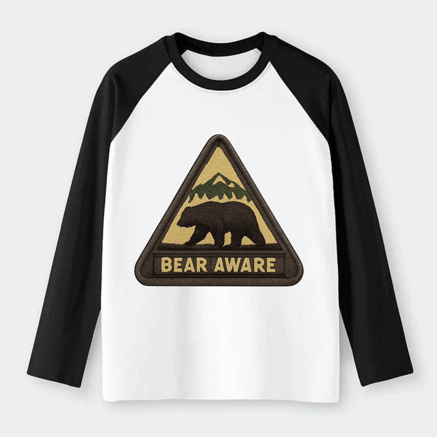 BEAR AWARE - bear silhouette warning in brown and yellow , wilderness - Raglan Long Sleeve T-Shirt - Black