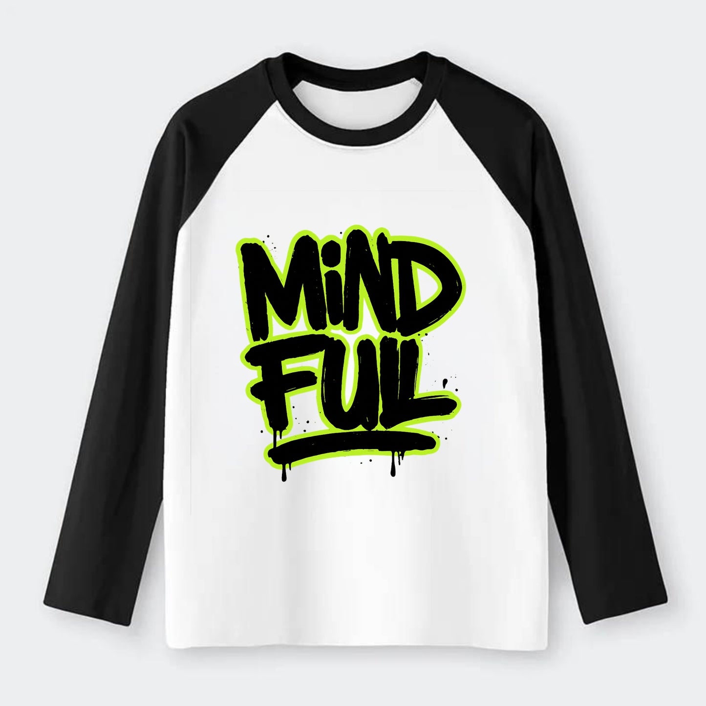 Bold typography design - "MINDFUL" - present awareness, conscious - Raglan Long Sleeve T-Shirt - Black