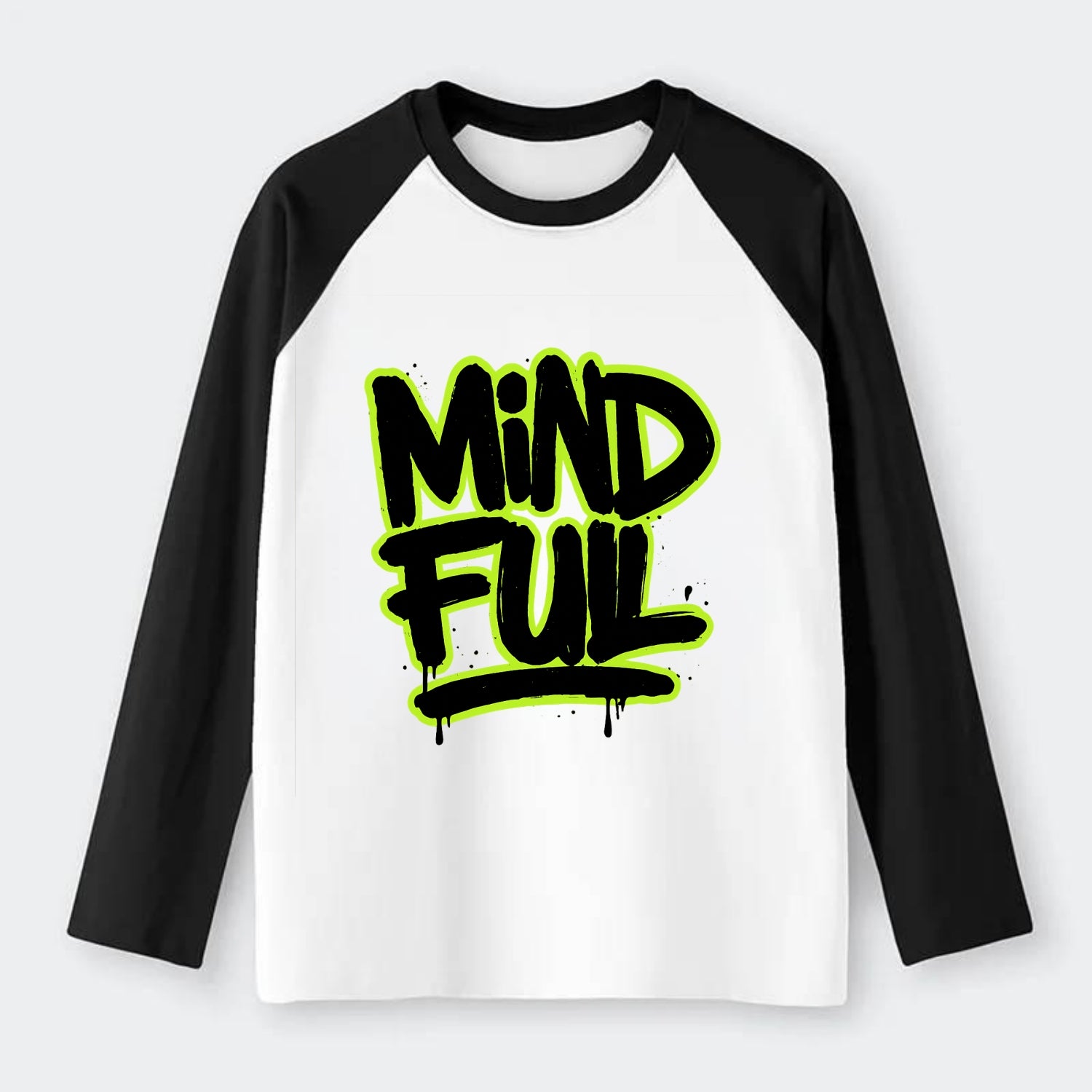 Bold typography design - "MINDFUL" - present awareness, conscious - Raglan Long Sleeve T-Shirt - Black