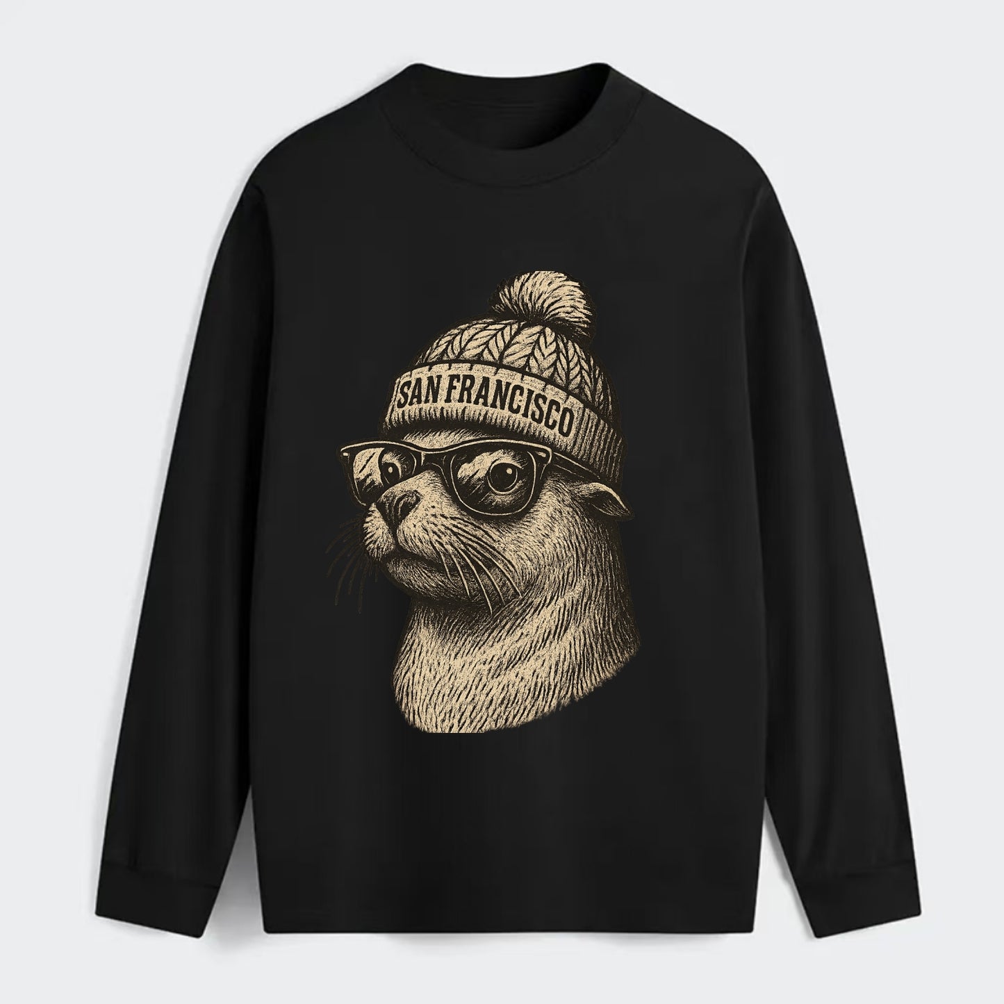 San Francisco Sea Lion wearing San Francisco beanie with pom pom and - Classic Long Sleeve Shirt - Black