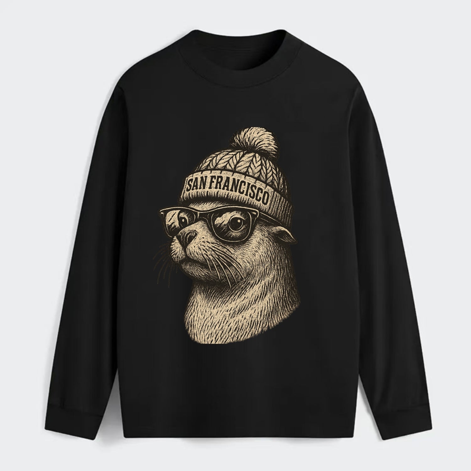 San Francisco Sea Lion wearing San Francisco beanie with pom pom and - Classic Long Sleeve Shirt - Black