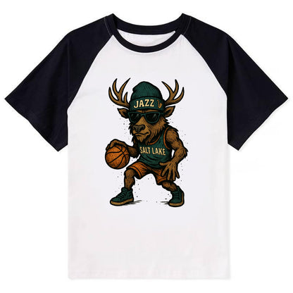 Salt Lake Elk wearing Jazz beanie with saxophone patch and wayfarer - Contrast Raglan T-shirt - Black