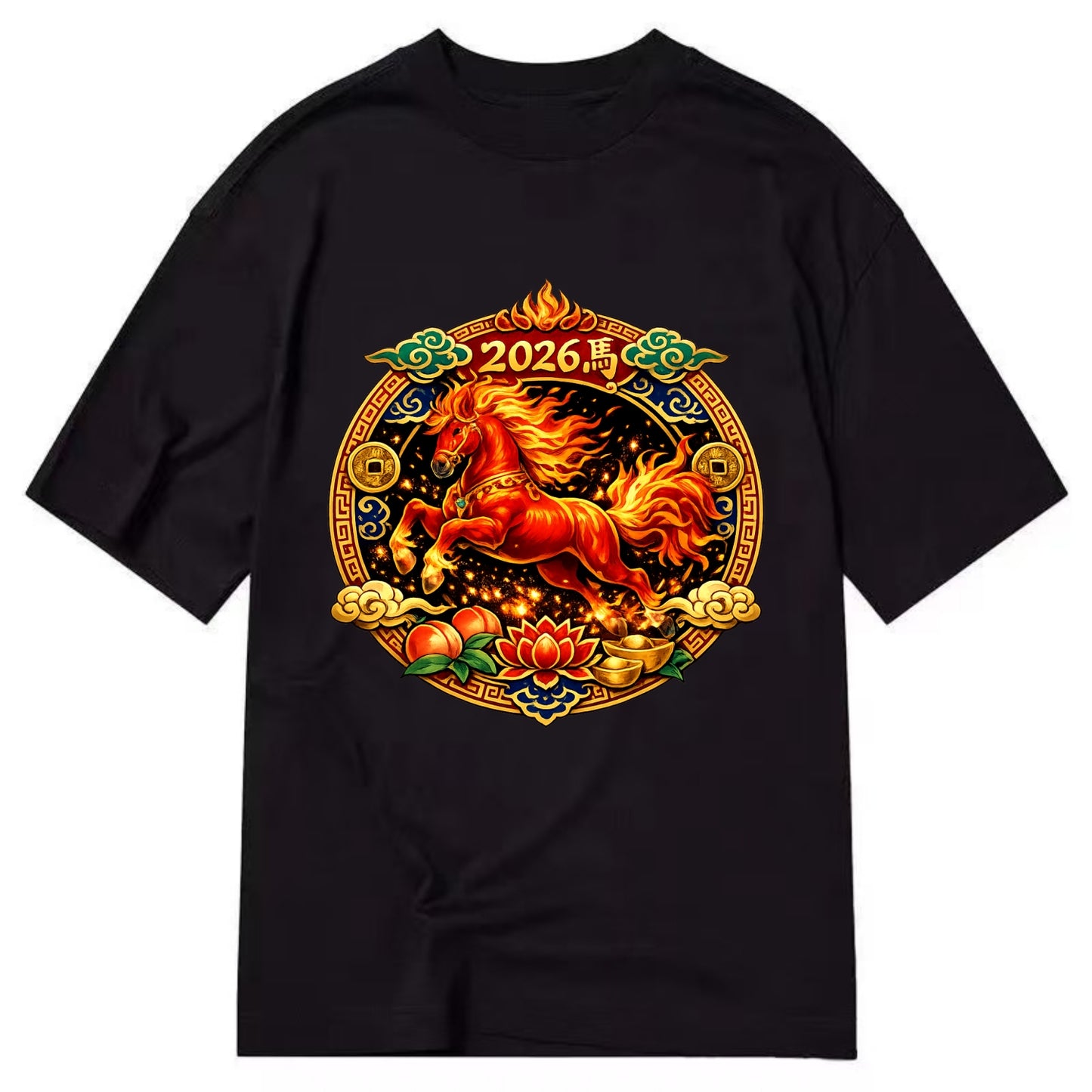 FIRE HORSE | Flaming mane and tail horse | Blazing orange and red colors | - Classic T-shirt - Black