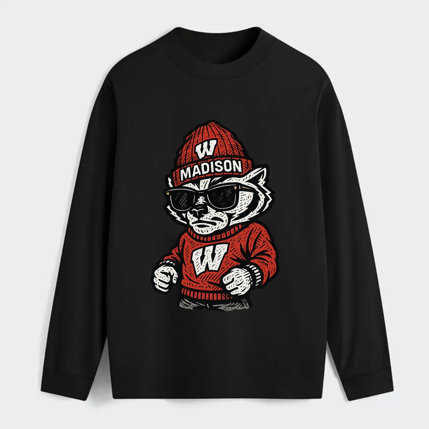 Madison Badger wearing Wisconsin beanie with motion W patch - Classic Long Sleeve Shirt - Black