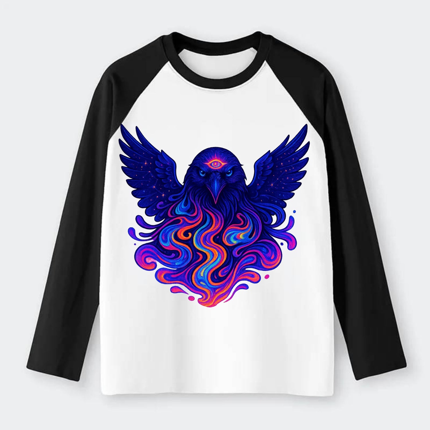 Mysterious raven with feathers showing future visions in neon colors, - Raglan Long Sleeve T-Shirt - Black