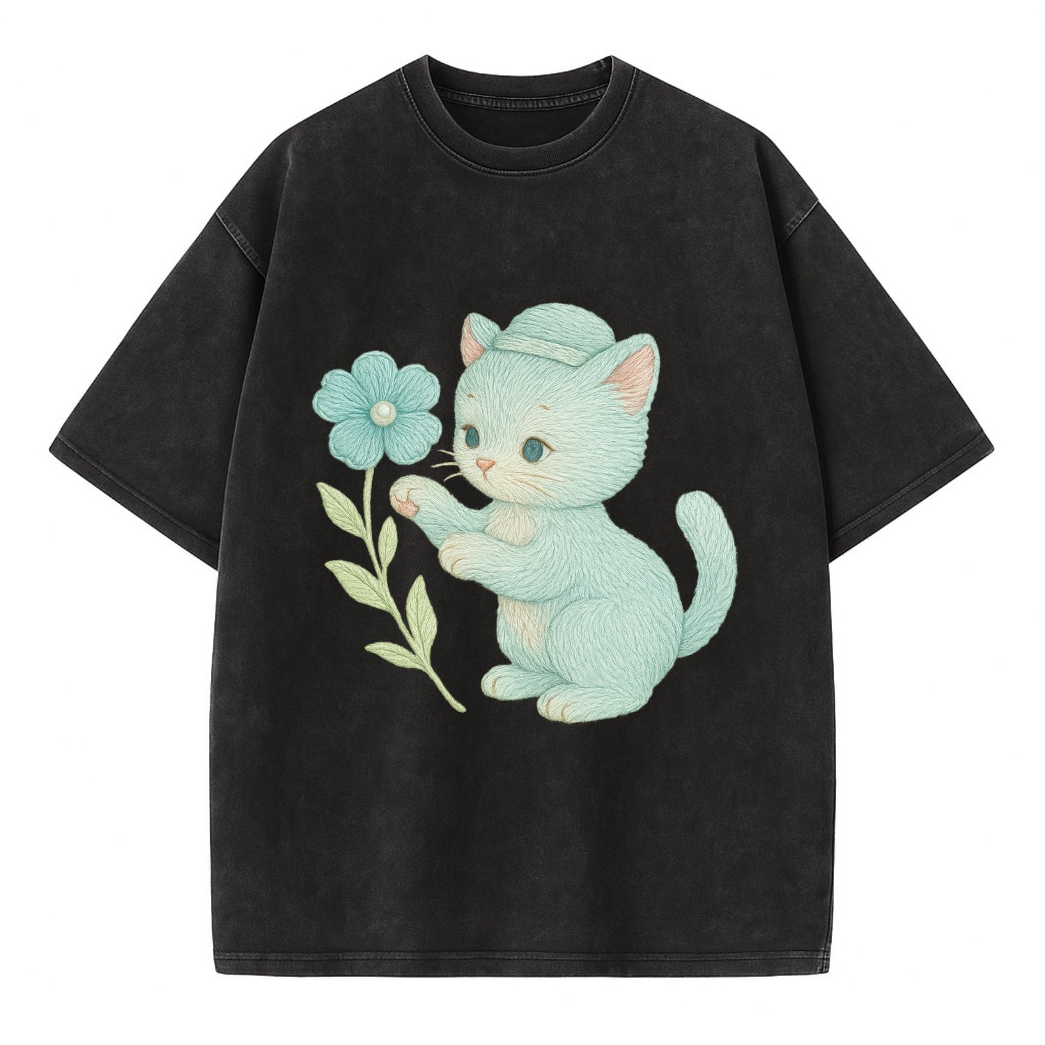 Aqua Kitten - Vintage T-shirt - Black