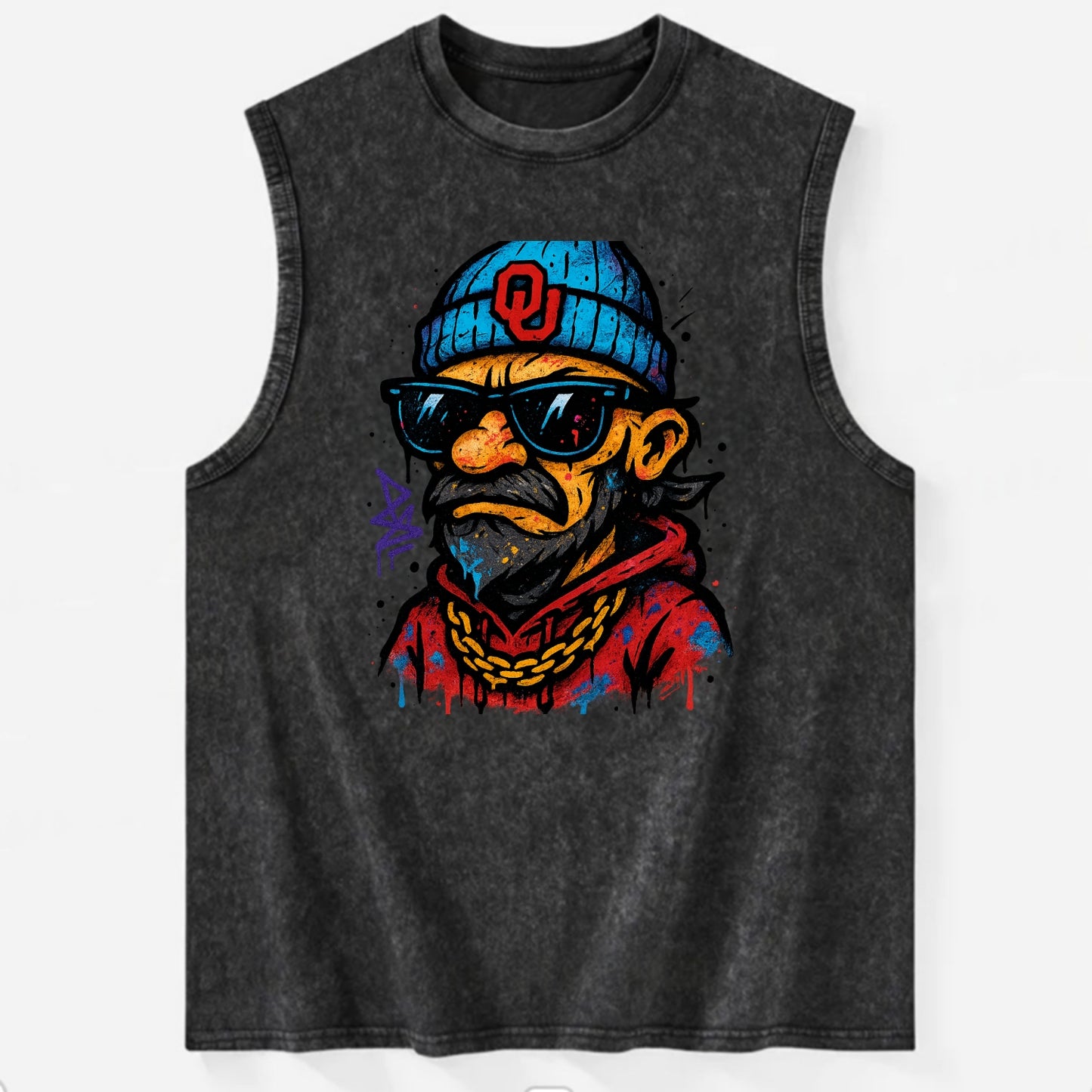 Norman Sooner wearing Oklahoma beanie with OU patch - Vintage Washed Tank - Black
