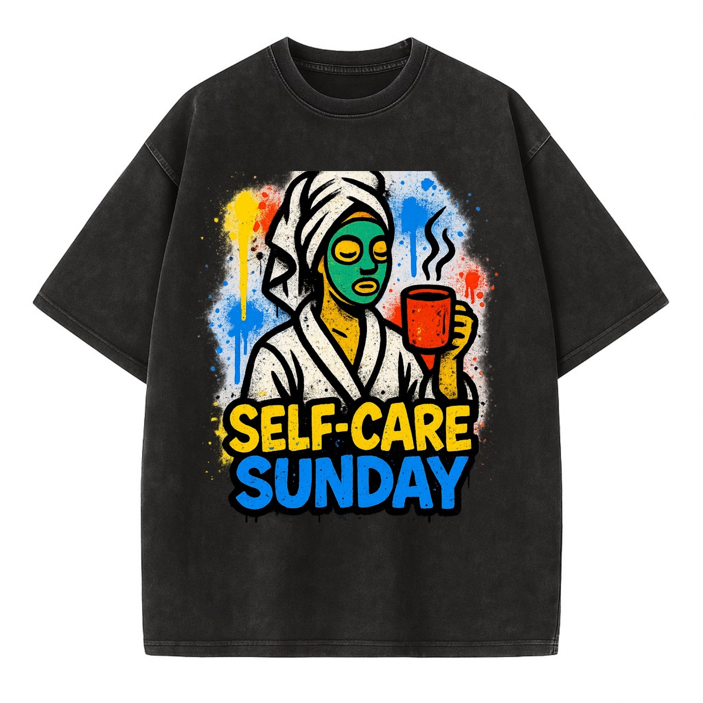Person in bathrobe with face mask and tea - self-care Sunday ritual, wellness - Vintage T-shirt - Black