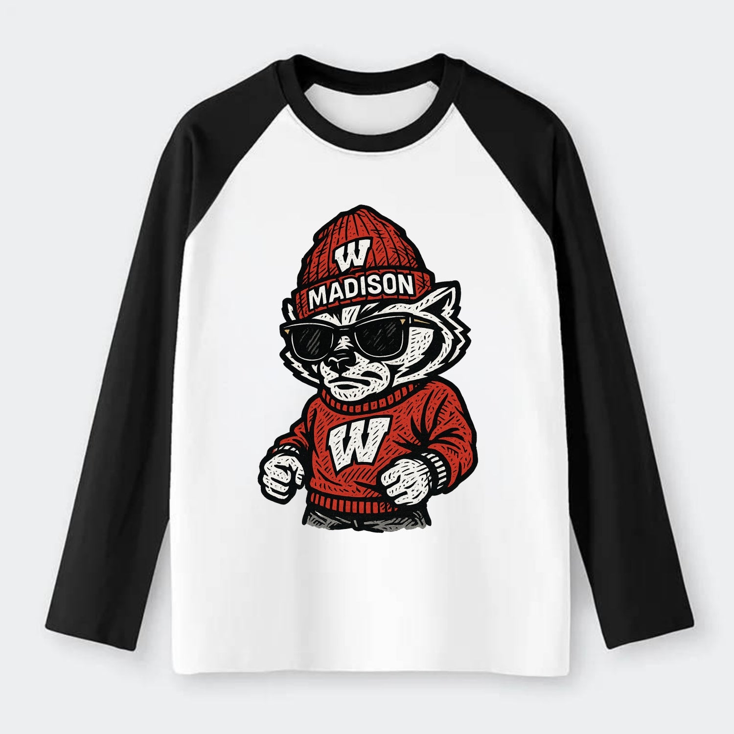 Madison Badger wearing Wisconsin beanie with motion W patch - Raglan Long Sleeve T-Shirt - Black