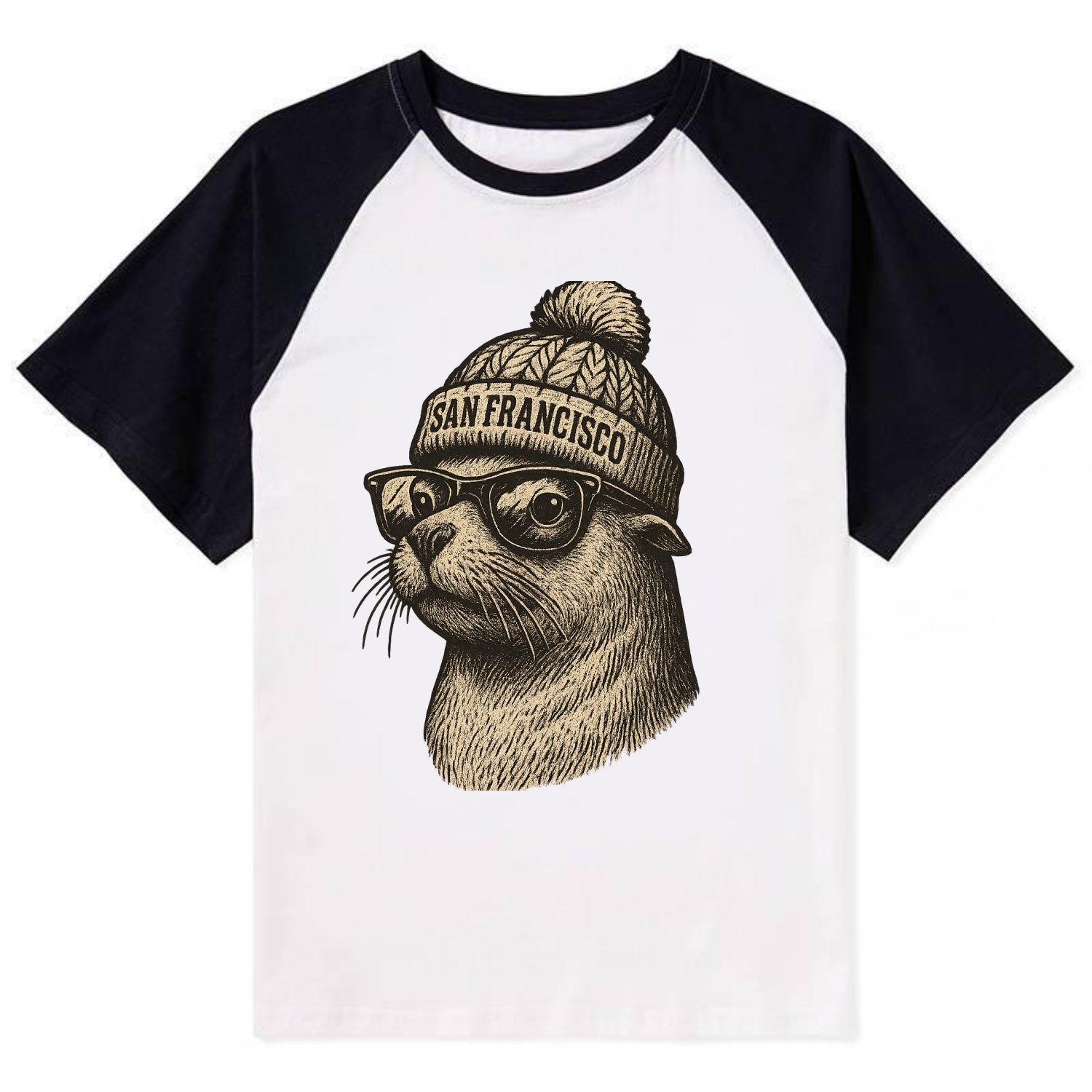 San Francisco Sea Lion wearing San Francisco beanie with pom pom and - Contrast Raglan T-shirt - Black
