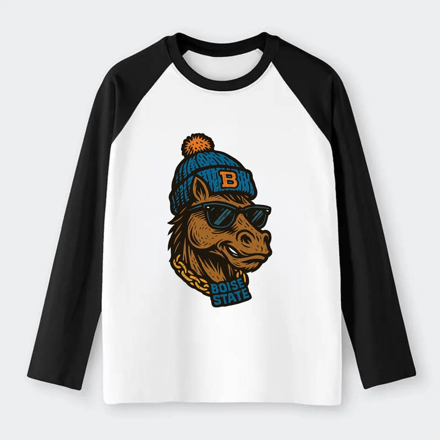 Boise Bronco wearing Boise State beanie with B patch - Raglan Long Sleeve T-Shirt - Black